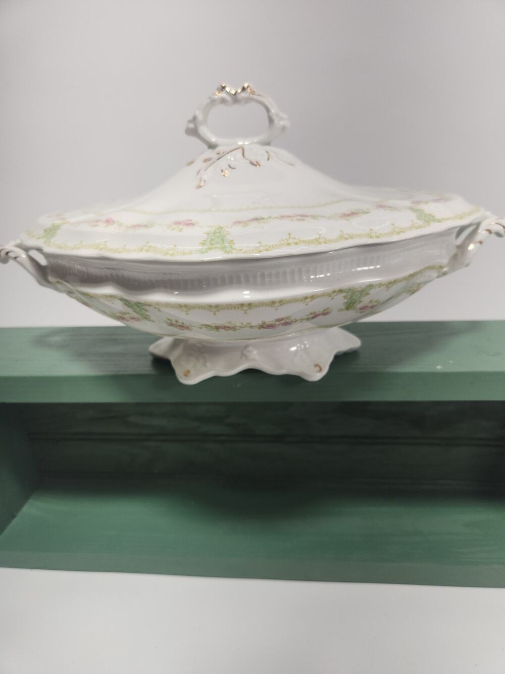 Antique Johnson Bros England Covered Vegetable Bowl Tureen Floral Gold Trim PAT
